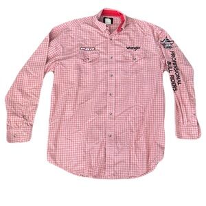 Wrangler Large Tall Red White Plaid PBR Professional Bull Riders Shirt
